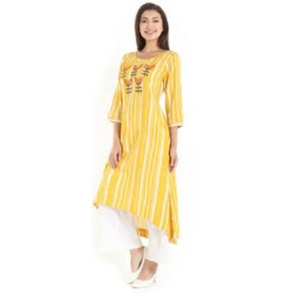 Mustard Yellow Stripe Embroidered Kurti Dress Women Size Large Tunic READ